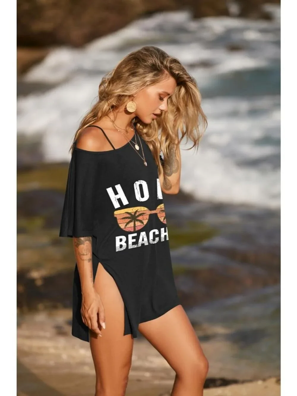 Women's Black Hola Short Sleeve Cover Ups for Beach Bathing Suit Swimwear